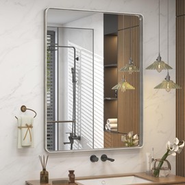 CHARMOR 24x32 Inch Brushed Nickel Bathroom Mirror, Rounded Rectangle Silver Metal Frame Mirror, Silver Bathroom Vanity Mirror, Anti-Rust, Hangs Horizontally or Vertically