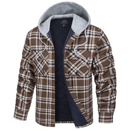 TACVASEN Men's Flannel Shirt Jacket - Warm Sherpa Lined Fleece Plaid Button Down With Hood - Casual