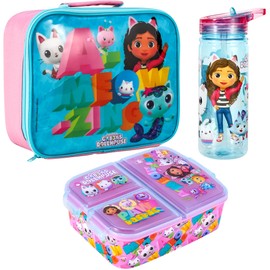 Zawadi Global Gabby's Dollhouse Kids Childrens Lunch Box Set – Insulated Lunch Bag, Multicompartment Lunch Box & 580ml Water Bottle - School Travel Lunch Food Set, BPA Free
