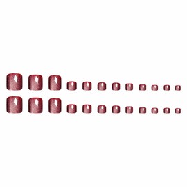 MISUD Red Press on Toenails Glossy Fake Toe Nails Glue on Nails Summer Acrylic Toe Fake Nails Supplies Bling Cat Eye False Toenails Art with Design Full Cover Press-on Toe Nails DIY 24pcs