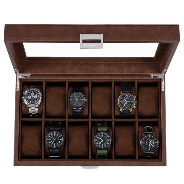 BEWISHOME Watch Box Organizer 12 Watch Case for Men Luxury Watch Display Case with Large Glass Window, Faux Leather, Brown SSH08Z