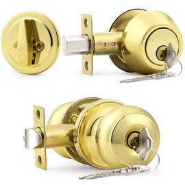 Probrico Keyed Alike Round Ball Entry Door Knob and Single Cylinder Deadbolt Set, Polished Brass, 1Pack