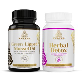 TURNER New Zealand OMEGA-3 Green Lipped Mussel Oil, 53x Higher potency for Superior Joint Comfort & Mobility, No Fishy Aftertaste, 1 Bottle, 60 Softgels plus 1 Bottle of Herbal Detox