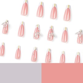 24Pcs White French Press on Nails Square Long Glossy Full Cover Acrylic Coffin False Nails with Butterfly Glitter Designs Artificial Natural Fake Nails with Glue Stick on Nails for Women Girls