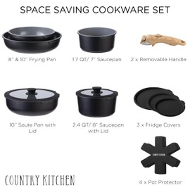 Country Kitchen 16 Piece Pots and Pans Set - Safe Nonstick Ceramic Coating Kitchen Cookware with Soft Touch Wooden Removable Handle, RV Cookware Set, Oven Safe (Black/Grey)