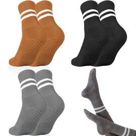 YIMINI 3 Pairs of Women Non-Slip Socks Adult Non-Slip Grip Yoga Socks Stopper Socks Women Adult Non-Slip Socks with Nubs for Yoga, Pilates, Fitness Training, Black, Grey, Brown