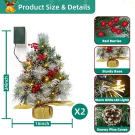 TURNMEON 2 Pack 24 inch Tabletop Small Christmas Tree with Timer 30 Warm White Lights Battery Operated Snowy Pine Cones Red Berried, Mini Xmas Trees for Christmas Decorations Indoor Home Decor