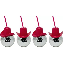 Bolaras Silver Disco Ball Cups with Pink Cowgirl Hat Lids, Straws, and Name Tags, 4 Cups