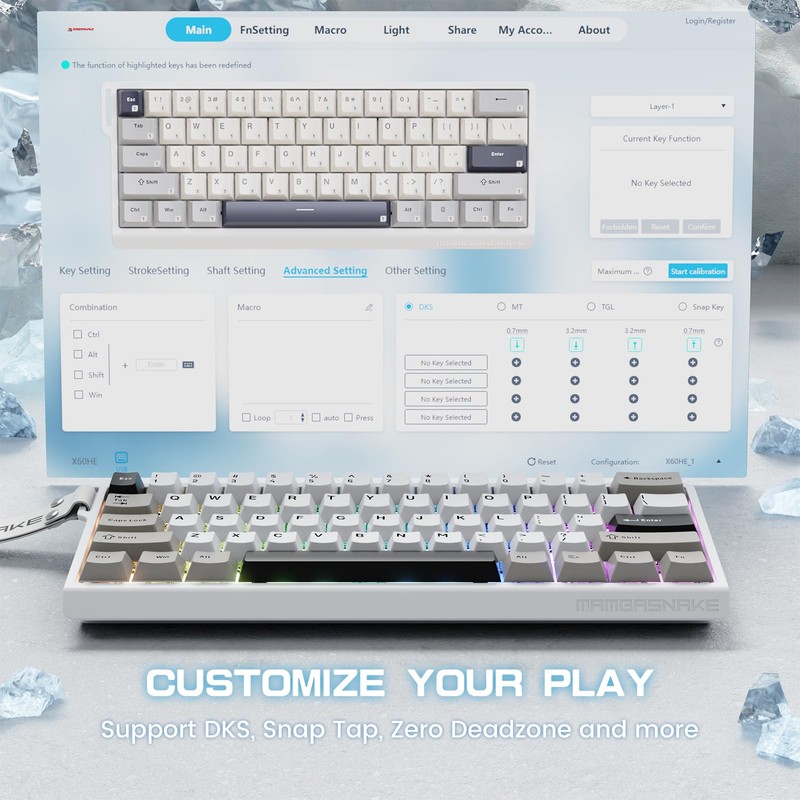 MAMBASNAKE X60 HE Magnetic Switch Keyboard Adjustable Actuation,BT/2.4G/Wired Tri-Mode 60%