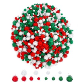 Allruyee 1500 Pieces Christmas Pom Pom Christmas Tinsel pom pom Glitter Pom Pom Balls for Craft Making and Hobby Supplies (4 Sizes, White, Red, Green)