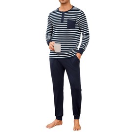 Leversic Mens Pyjamas Set Cotton Winter Pajamas for Men Long Sleeve Henley Shirts Pajama Tops With Full Length Sleep Bottom Men Sleepwear Set S-3XL(Navy Blue,M)