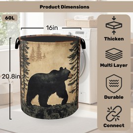 Forest Cabin Bear Laundry Basket - Heavy Duty 60L Dirty Clothes Organizer, Water Resistant Foldable Hamper for Men Women
