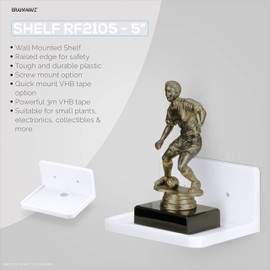 BRAINWAVZ 5” Small Floating Shelf, Adhesive & Screw in, for Bluetooth Speakers, Cameras, Plants, Toys, Books & More, Easy to Install Shelves (Shelf RF2105, White)