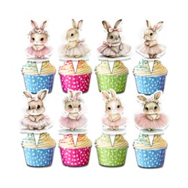24 Pcs Bunny Cupcake Toppers - Adorable Pink Tutu Rabbit Picks for Kids Parties, Baby Showers & Baking Decorations