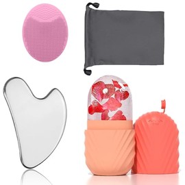 El rodillo de hielo facial y las almohadillas gua sha reducen la hinchazón de la cara y los ojos, y el cepillo de lavado limpia las impurezas faciales