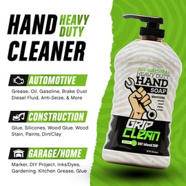 Grip Clean Hand Cleaner for Auto Mechanics, Heavy Duty Pumice Soap & Fingernail Brush, Tool Shop, Garage, Commercial, All Natural, Men, Women, Grit Cleansing, Sensitive Skin - 32oz Pump Top & Brush