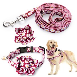 GoaePode Dog Harness Collar Lead Set with Bell, Adjustable Padded Vest, Floral Pattern Bow Tie & Leash, Strong Buckle for Small Medium Large Dogs, Purple, Size S