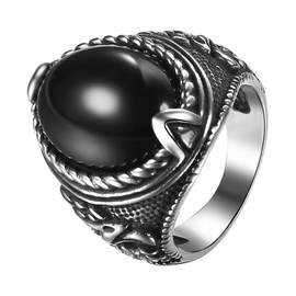 JewelryWe Men's Black Onyx Rings: Women Stainless Steel Oval Obsidian Gemstone Signet Thumb Biker Ring Vintage Jewelry Gift for Dad Sizes 8-13