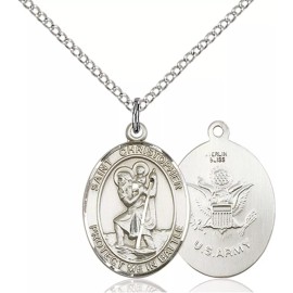 Bliss Sterling Silver Saint Christopher Army Medal Pendant Necklace 18" Chain Gift