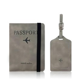 Passport Holder with Luggage Tag Set. Passport Cover and Initial Luggage Tag Set, Passport Holder for Travel And Suitcase Tags, Leather Passport Holder Cover Wallet Travel (Grey)