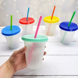 Unbranded Set of 5 Confetti Color Changing Kids Cups with Colored Lids and Straws 16oz