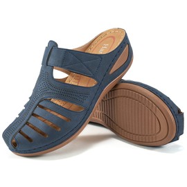 HARENCE Zuecos para mujer, sandalias cómodas de verano con soporte de arco, sandalias casuales para caminar, zapatos de cuña para mujer, Azul, 9.5 US