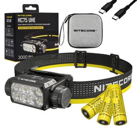 Nitecore HC75 UHE + 2X Extra NL2153HP HC75 UHE Rechargeable E-Focus Spotlight Floodlight Headlamp 192m Beam -3000 Lumens (Upgrade of HC68) w/ 2X Extra Battery and Eco Sensa USB-C Charging Cable
