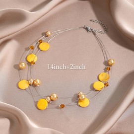 JURYLOO Layered Shell Necklaces for Women Stacked Pearl Necklaces Statement Charm Necklace Stainless Steel Boho Necklaces for Women Yellow