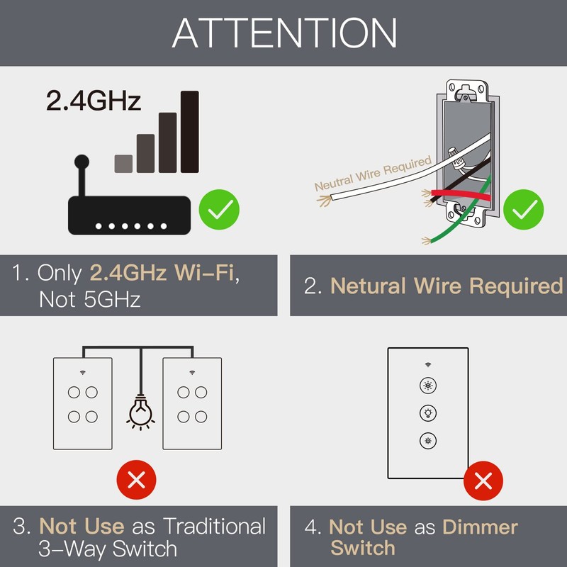 MOES 2.4GHz WiFi Wall Touch Smart Switch Neutral Wire Required,