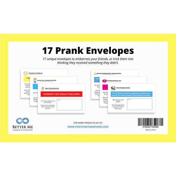 Better Me Pack of 17 Funny Prank Envelopes - Gag Gift Practical Jokes and Pranks for Adults