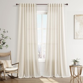 Joywell Natural Back Tab Linen Curtains 100 Inches Long 2 Panels for Living Room Bedroom Neutral Boho Farmhouse Rustic Light Filtering Semi Sheer Curtains Window Treatment 52x100