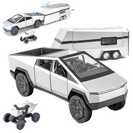 Miortior Truck Toy, Car Toy with RV, Motorcycle Cybertquad and Truck, 1/32 Alloy Diecast Pickup Trailer Model Kit with Light and Sound, for Kids Aged 6 and Up - Silver White