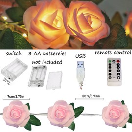Cadena de luces de rosas alimentada por pilas o USB con control remoto, luces de hadas de rosas impermeables para recámara, Navidad, festivales, bodas, fiestas, día de San Valentín (rosa, 9.9)