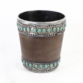 De Leon Collections Decorative Waste Basket Trash Bin, 9.5 x 8 Inch Polyresin, Faux Leather and Turquoise