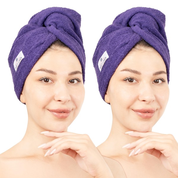 American Soft Linen Cotton Hair Towels for Women, 26" x 13", Purple, 2 Pack