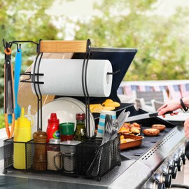 FANGSUN Grill Caddy, BBQ Caddy with Paper Towel Holder, Picnic Condiment Utensil Caddy for Outdoor Camping, Barbecue Accessories Storage Organizer for Griddle Grilling Tool, Rv Patio Camper Must Haves