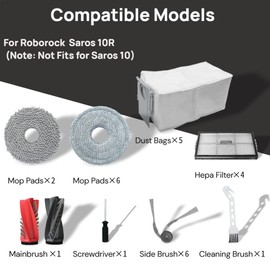 26Pcs Replacement Parts Accessories Kit Compatible with for Roborock Saros 10R Robot Vacuum, 1 Pairs Main brush, 4 Hepa Filter, 8 Mop Pads, 6 Side Brush, 5 Dust Bags, 1 Screwdriver， 1 Clean Tool