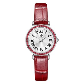 SHENGKE SK Fashion Crystal-Accented Watch for Women with Roman Numerals, Easy Read Dial Watch. (Silver-Red)