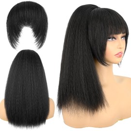 Allyreetress Black Ponytail with Bangs for Black Women,Yaki Drawstring Ponytail Extension,Clip-in Bangs,Natural-Looking Ponytail Wig for Daily & Party(1B)
