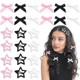 48 Pcs Small Bow Hair Clips Star Clips Satin Mini Hair Bow Clip Star Barrettes Metal Non-Slip Cute Bowknot Stars Pins Y2k Accessories for Women Girls Kids Toddlers (Black, White, Pink)