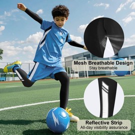 Base Layer Kids - Athletic Breathable Kids Thermals with Reflective Strips Long Sleeve Compression Base Layer Set, Fleece Lined Football Skins for Football Hockey Sports, Black 30