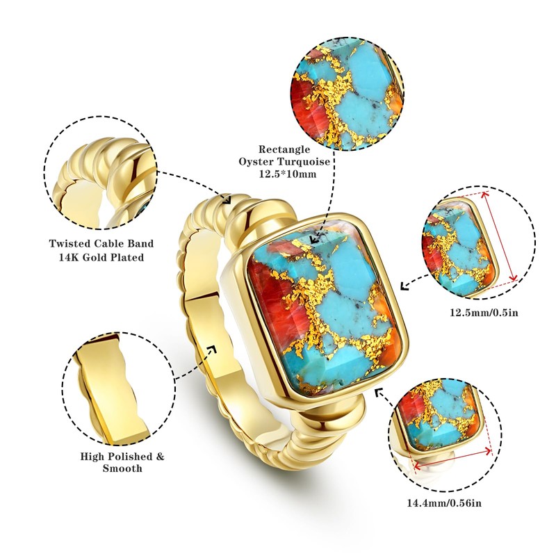 Phyonio Women's 14K Gold Plated Statement Rings Emerald Cut Spiny