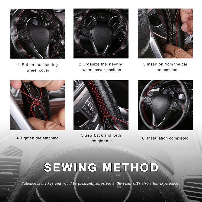 MUQIDA Genuine Leather Steering Wheel Cover, 15 Inches Breathable Stitch