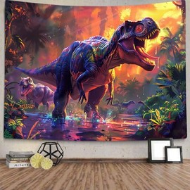 Xiaoput - Tapiz de póster de dinosaurio para decoración de pared de habitación de niños, tapiz de dinosaurio fresco de selva bosque, tapiz de dinosaurio para decoración de pared para recámara, sala de