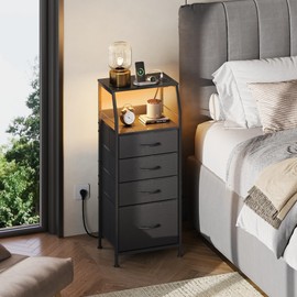 WLIVE Night Stand with Charger Station, LED Nightstand with 4 Fabric Drawers and Storage Shelf, Tall Dresser for Bedroom, 37.48" H Bedside Table with 3 USB Ports and Outlets, Black