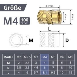 ORTAVA M4 Thread Insert, Pack of 100 Press-in Nuts, Brass Embedding Nuts, Knurled Nuts, M4 x 8.1 x 6 mm, Threaded Inserts for Plastic Parts by Heat or Ultrasonic in 3D Printer Parts