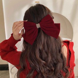 Inilbran Vintage Satin Bow Hair Barrettes Large Velvet Bow Hair Clips Winter Ribbon Bow Headclip Barrette French Bowknot Hairclip Decorative Hair Accessories for Women and Girls Headdress(Red 1)