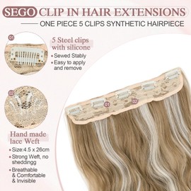 SEGO 20 Inch One Piece Clip In Hair Extensions Long Wavy Synthetic Clip In Hairpiece With 5 Secure Clips, Golden Blonde Highlights