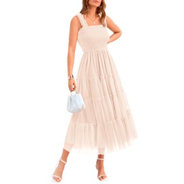BTFBM Women's 2025 Summer Midi Dress Casual Sleeveless Square Neck Smocked Ruffle Tulle Party Wedding Guest Dresses(Beige, Medium)
