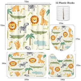 Britimes 4 Piece Shower Curtain Sets, Safari Kids Animals Cute with Non-Slip Rugs, Toilet Lid Cover and Bath Mat, for Bathroom Decor Set, 72" x 72"